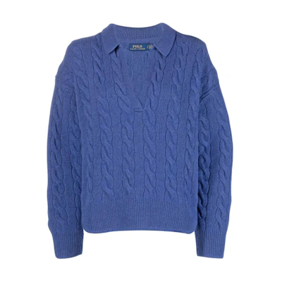 (Women) Polo Ralph Lauren FW22 Cable Knit Wool-Cashmere Polo Sweater Blue 211872731-003