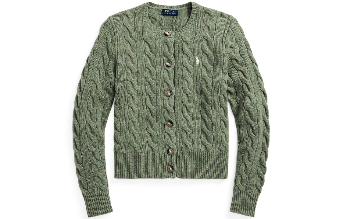 (Women) Polo Ralph Lauren FW22  Green Cashmere Cable Knit Button Crewneck Sweater. WMPOSWENDW20053-020