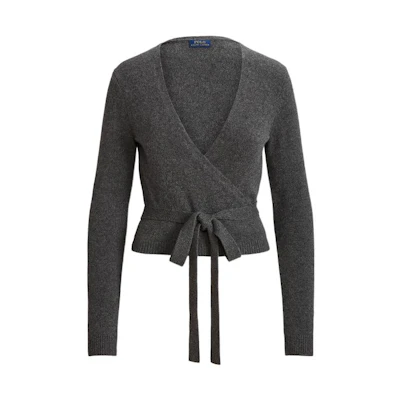 (Women) Polo Ralph Lauren FW22 Grey Solid V-Neck Knit Tie Long-Sleeve Sweater. WMPOSWENDW20074-020