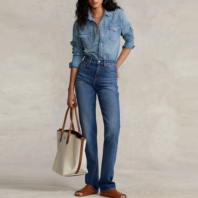 Lookbook (Women) Polo Ralph Lauren FW22  High-Waisted Straight Jeans Washed Effect Dark Blue. WMPODNMNA020011-400