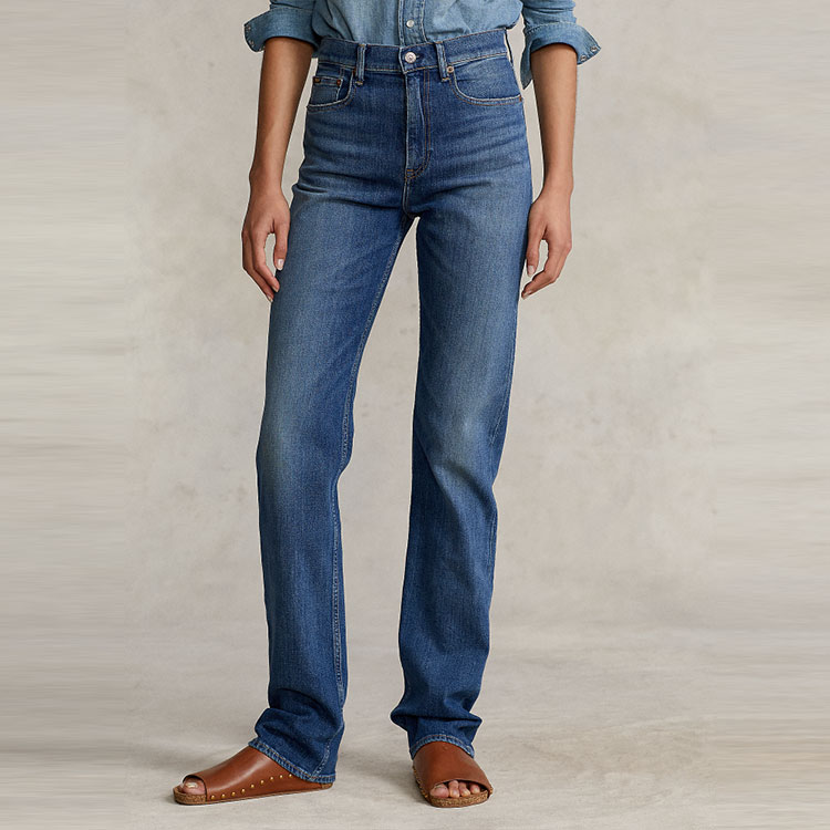 Purchase (Women) Polo Ralph Lauren FW22  High-Waisted Straight Jeans Washed Effect Dark Blue. WMPODNMNA020011-400