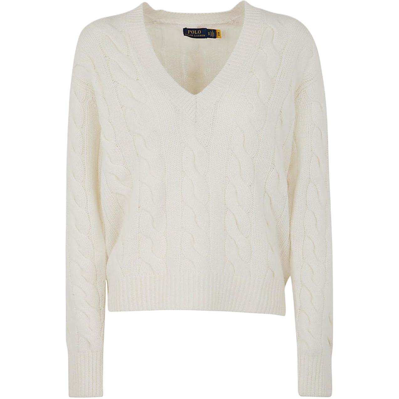 (Women) Polo Ralph Lauren FW22  White Cable Knit Cashmere V-Neck Sweater 211872698-002