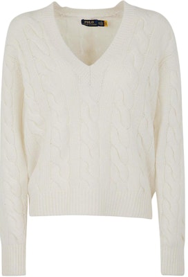 (Women) Polo Ralph Lauren FW22 White Cable Knit Cashmere V-Neck Sweater 211872698-002 Buy (Women) Polo Ralph Lauren FW22 White Cable Knit Cashmere V-Neck Sweater 211872698-002