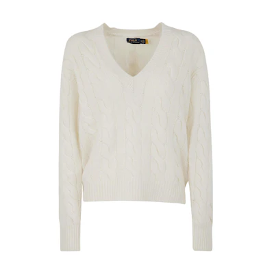 (Women) Polo Ralph Lauren FW22 White Cable Knit Cashmere V-Neck Sweater 211872698-002