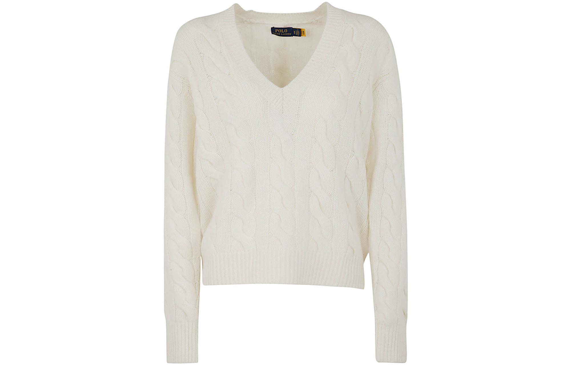 Order (Women) Polo Ralph Lauren FW22  White Cable Knit Cashmere V-Neck Sweater 211872698-002