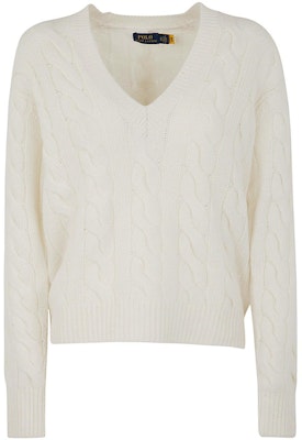 (Women) Polo Ralph Lauren FW22 White Cable Knit Cashmere V-Neck Sweater 211872698-002 Order (Women) Polo Ralph Lauren FW22 White Cable Knit Cashmere V-Neck Sweater 211872698-002