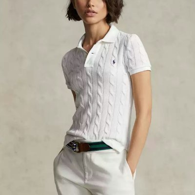 (Women) Polo Ralph Lauren FW22 Cable Knit Short Sleeve Polo Sweater Women White. WMPOKNINCU20645-100 Details for (Women) Polo Ralph Lauren FW22 Cable Knit Short Sleeve Polo Sweater Women White. WMPOKNINCU20645-100