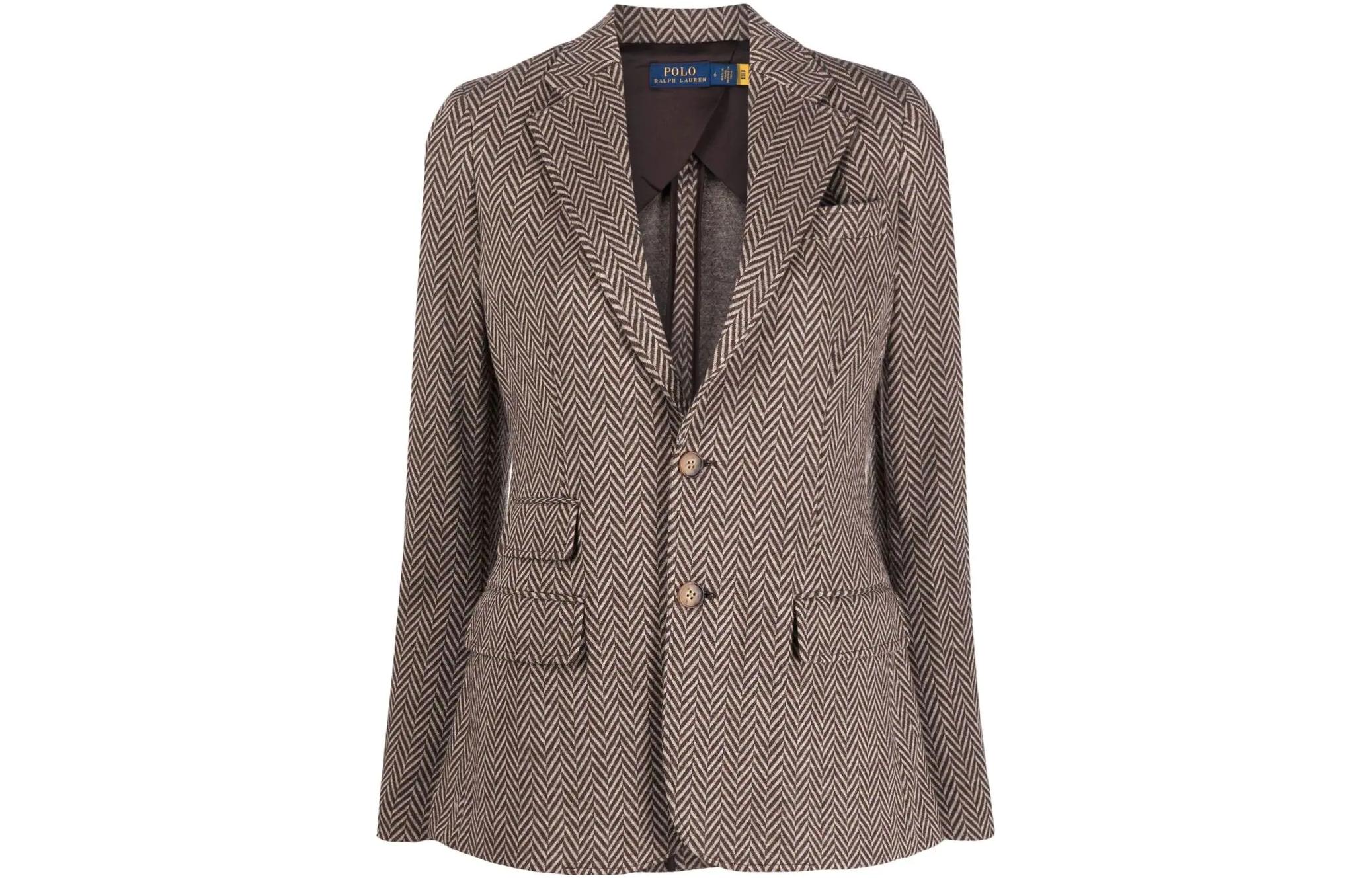 (Women) Polo Ralph Lauren FW22 Herringbone Knit Single-Breasted Blazer  Brown. 211873060-001