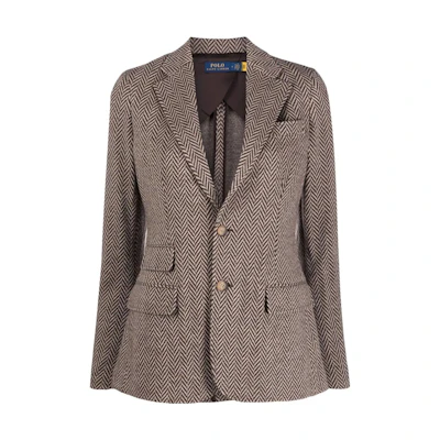 (Women) Polo Ralph Lauren FW22 Herringbone Knit Single-Breasted Blazer Brown. 211873060-001