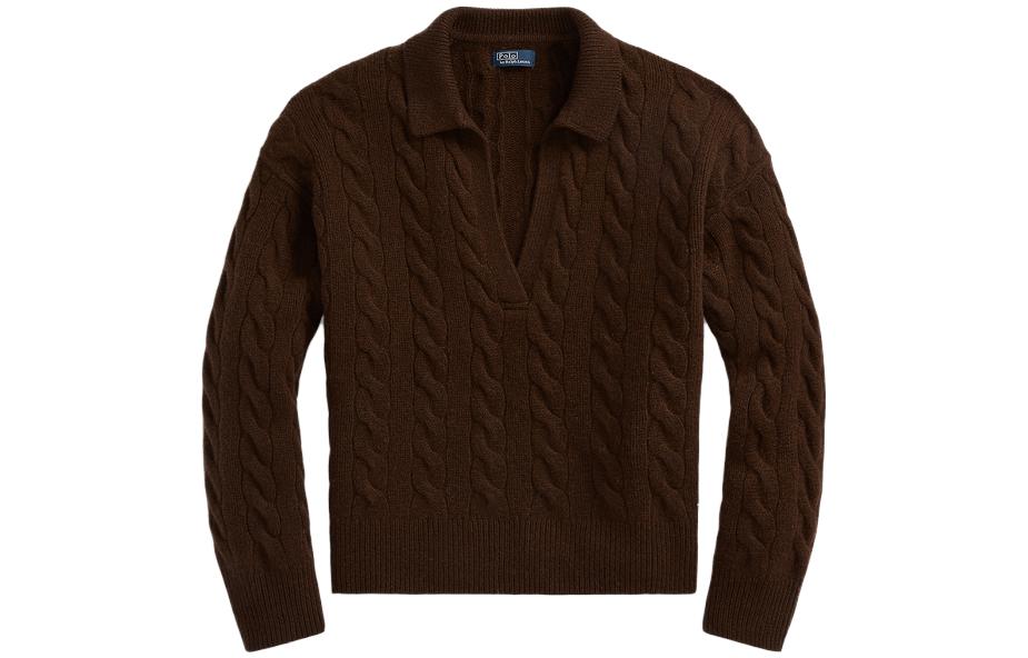 Order (Women) Polo Ralph Lauren FW23  Brown Solid Long Sleeve Knit Polo Shirt Casual WMPOSWENC020760-200