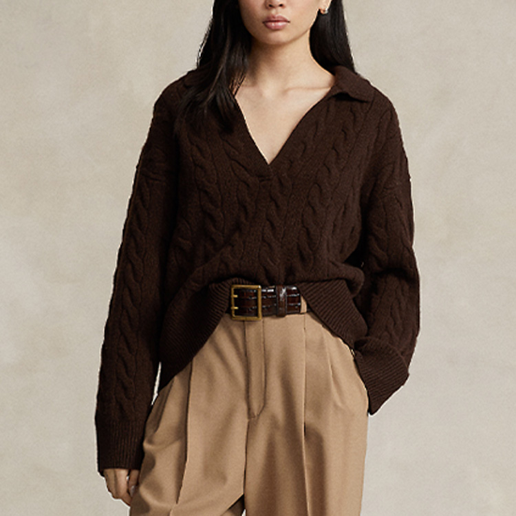 Shop (Women) Polo Ralph Lauren FW23  Brown Solid Long Sleeve Knit Polo Shirt Casual WMPOSWENC020760-200