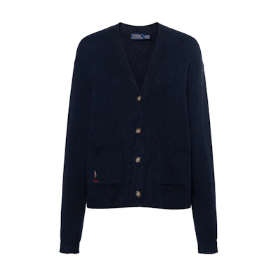 (Women) Polo Ralph Lauren FW23 Navy Blue V-Neck Embroidered Pony Cardigan Sweater WMPOSWEN6810339-B82