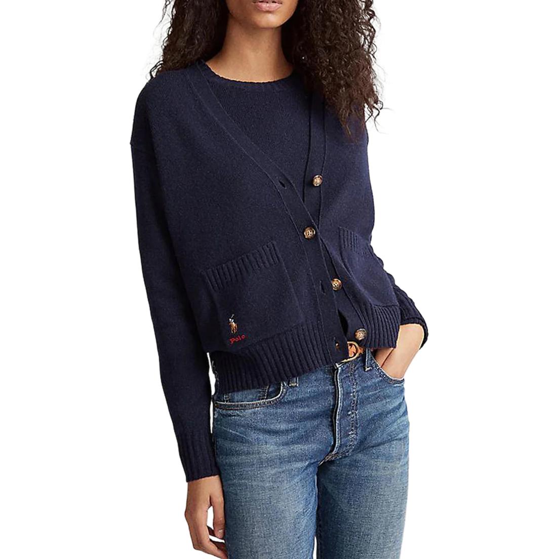 Shop (W) ポロラルフローレン FW23 ネイビーブルー Vネック ポニーロゴ刺繍 カーディガン セーター WMPOSWEN6810339-B82