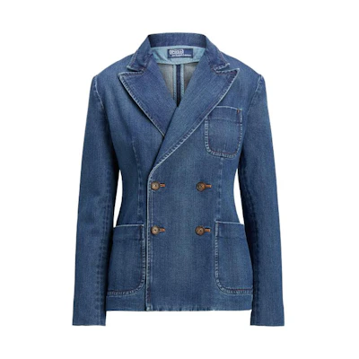 (Women) Polo Ralph Lauren FW23 Washed Double-Breasted Denim Blazer Blue. WMPOOTWN5V20201-400