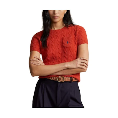 (Women) Polo Ralph Lauren FW23 Solid Cable Knit Logo Embroidered Red Knit T-Shirt Women. WMPOSWENC020783-600