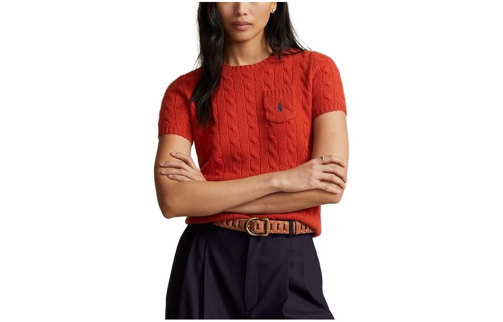 (Women) Polo Ralph Lauren FW23 Solid Cable Knit Logo Embroidered Red Knit T-Shirt Women. WMPOSWENC020783-600 圖 2