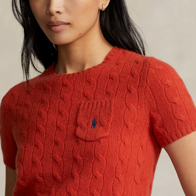 (Women) Polo Ralph Lauren FW23 Solid Cable Knit Logo Embroidered Red Knit T-Shirt Women. WMPOSWENC020783-600 Purchase (Women) Polo Ralph Lauren FW23 Solid Cable Knit Logo Embroidered Red Knit T-Shirt Women. WMPOSWENC020783-600