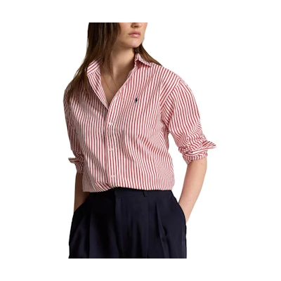 (Women) Polo Ralph Lauren FW24 Pink Striped Pony Embroidered Loose Fit Long Sleeve Shirt Women. WMPOSHTNDN20256-100