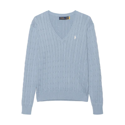 (Women) Polo Ralph Lauren FW24 Solid Logo V-Neck Knit Long Sleeve Sweater Haze Blue 211570011-079