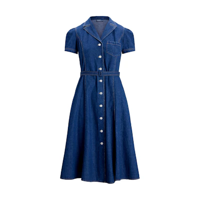 (Women) Polo Ralph Lauren FW24 Washed Midi Single-Breasted Short-Sleeve Dress Women Indigo WMPODRSNFA20745-410