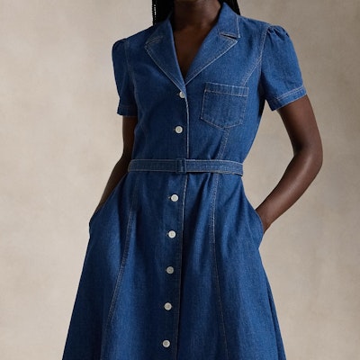 (Women) Polo Ralph Lauren FW24 Washed Midi Single-Breasted Short-Sleeve Dress Women Indigo WMPODRSNFA20745-410 Purchase (Women) Polo Ralph Lauren FW24 Washed Midi Single-Breasted Short-Sleeve Dress Women Indigo WMPODRSNFA20745-410