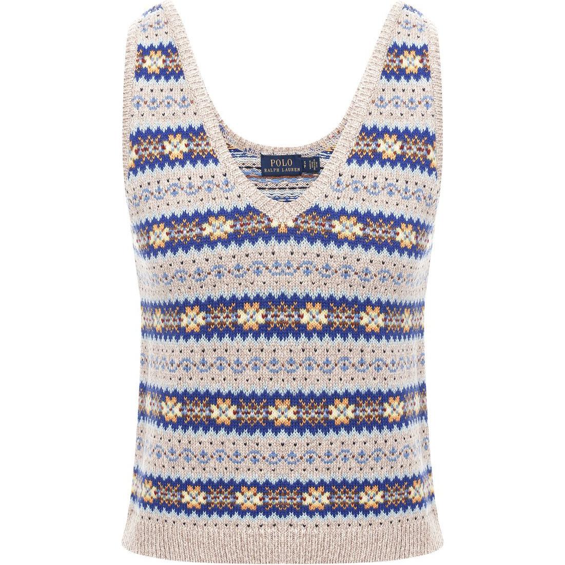 (Women) Polo Ralph Lauren Knit Vest Beige with Logo Letter Print Patchwork Design 211757905-001