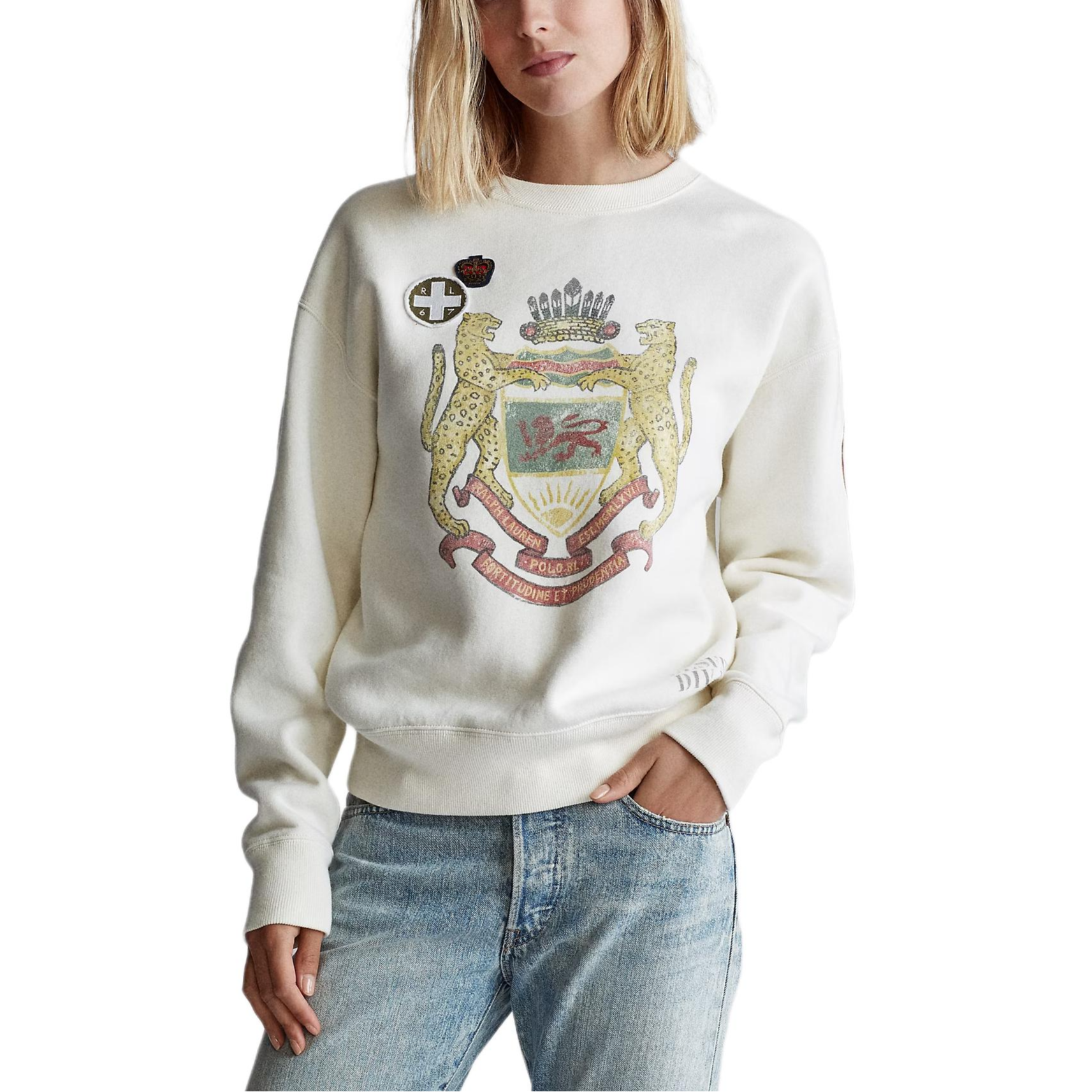 Lookbook (W) Polo Ralph Lauren Oversized Vintage Patch Crewneck Fleece Sweatshirt Beige WMPOKNIN6820120-100