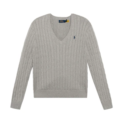 (Women) Polo Ralph Lauren Solid Embroidered Logo V-Neck Knit Sweater Women Light Grey 211570011-060