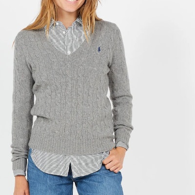 (Women) Polo Ralph Lauren Solid Embroidered Logo V-Neck Knit Sweater Women Light Grey 211570011-060 Details for (Women) Polo Ralph Lauren Solid Embroidered Logo V-Neck Knit Sweater Women Light Grey 211570011-060