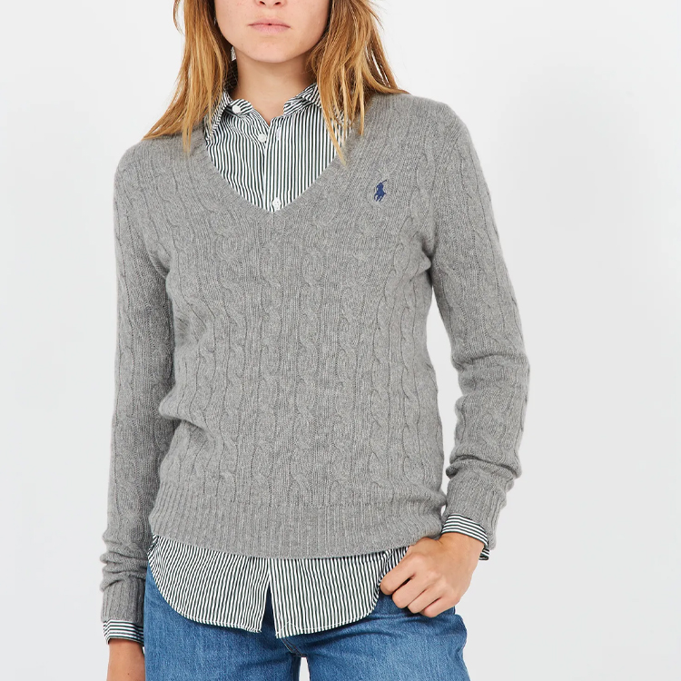 Sizing (Women) Polo Ralph Lauren Solid Embroidered Logo V-Neck Knit Sweater Women Light Grey 211570011-060
