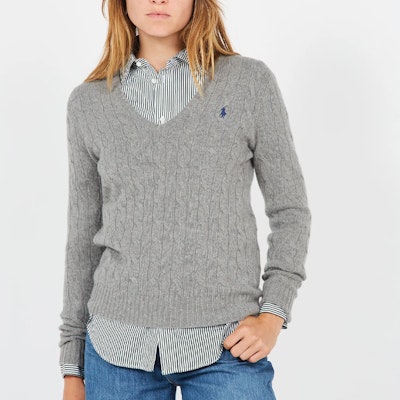 (Women) Polo Ralph Lauren Solid Embroidered Logo V-Neck Knit Sweater Women Light Grey 211570011-060 Sizing (Women) Polo Ralph Lauren Solid Embroidered Logo V-Neck Knit Sweater Women Light Grey 211570011-060