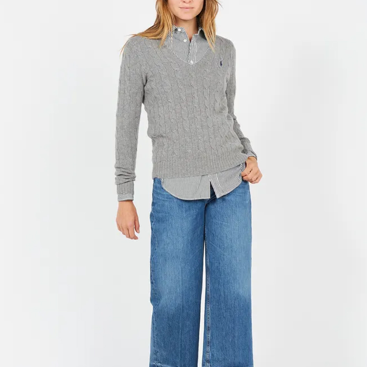 Cheap (Women) Polo Ralph Lauren Solid Embroidered Logo V-Neck Knit Sweater Women Light Grey 211570011-060