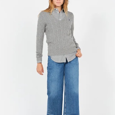 (Women) Polo Ralph Lauren Solid Embroidered Logo V-Neck Knit Sweater Women Light Grey 211570011-060 Cheap (Women) Polo Ralph Lauren Solid Embroidered Logo V-Neck Knit Sweater Women Light Grey 211570011-060