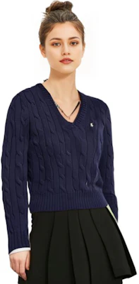 (W) 폴로 랄프 로렌 솔리드 로고 V넥 니트 스웨터 네이비 블루. 211570011-011 Details for (W) 폴로 랄프 로렌 솔리드 로고 V넥 니트 스웨터 네이비 블루. 211570011-011