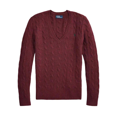 (Women) Polo Ralph Lauren Solid V-Neck Cable Knit Sweater Burgundy. 211910422-009
