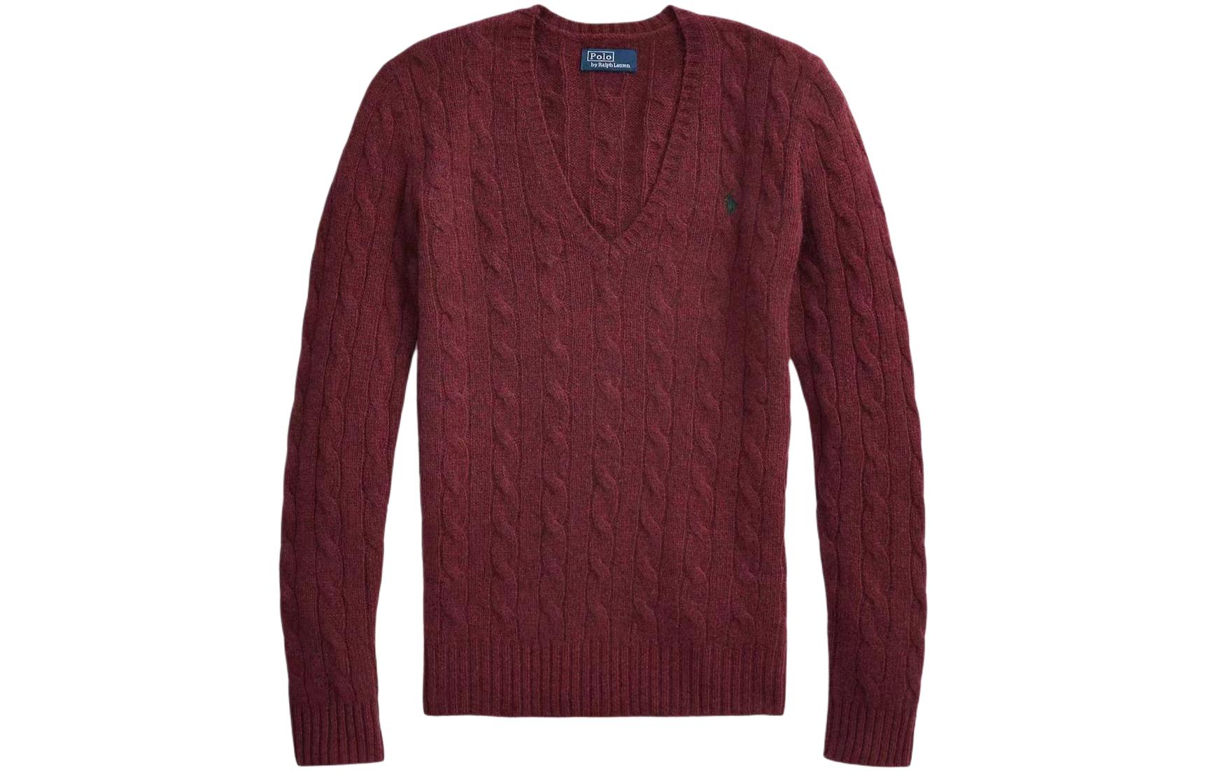(Women) Polo Ralph Lauren Solid V-Neck Cable Knit Sweater  Burgundy. 211910422-009 圖 2