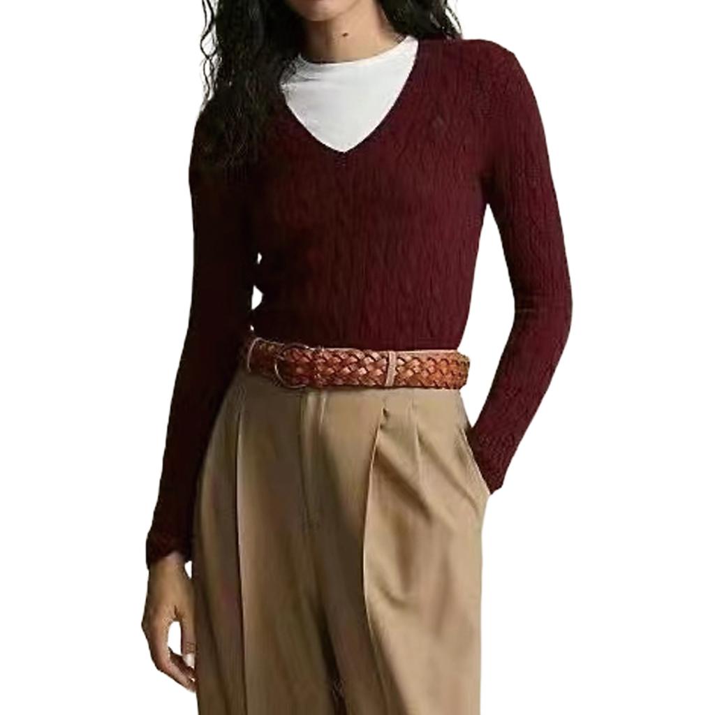 (Women) Polo Ralph Lauren Solid V-Neck Cable Knit Sweater  Burgundy. 211910422-009 圖 3