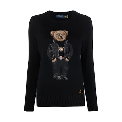 (Women) Polo Ralph Lauren SS22 Black Cartoon Teddy Bear Knit Sweater. 211857294-001