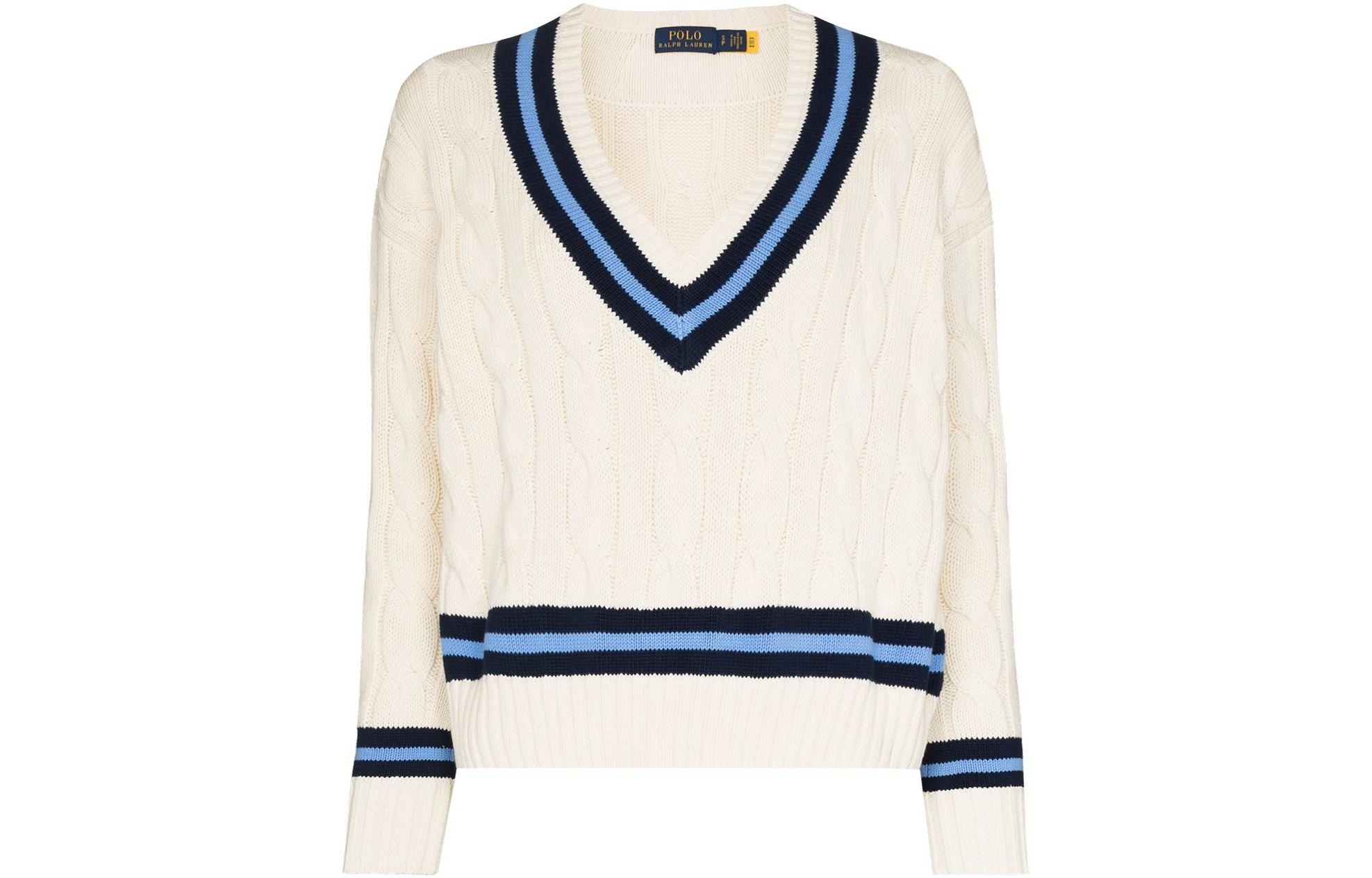 (Women) Polo Ralph Lauren SS22  Cable Knit Striped V-Neck Sweater White. 211838009-001