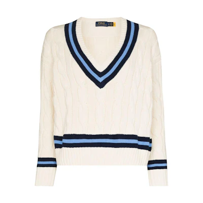 (Women) Polo Ralph Lauren SS22 Cable Knit Striped V-Neck Sweater White. 211838009-001