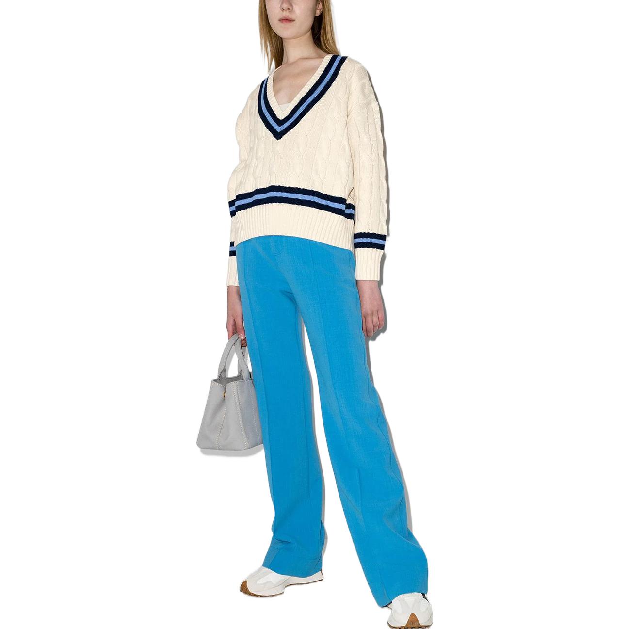 (Women) Polo Ralph Lauren SS22  Cable Knit Striped V-Neck Sweater White. 211838009-001 圖 3