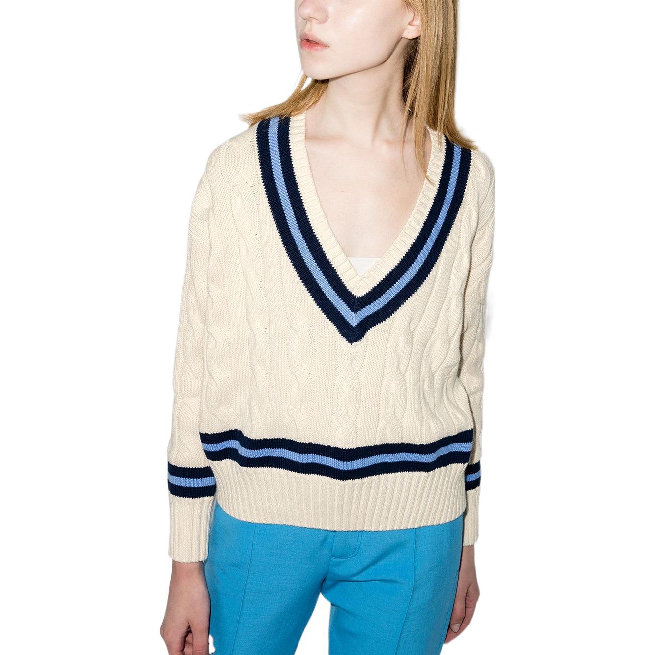 (Women) Polo Ralph Lauren SS22  Cable Knit Striped V-Neck Sweater White. 211838009-001 圖 5