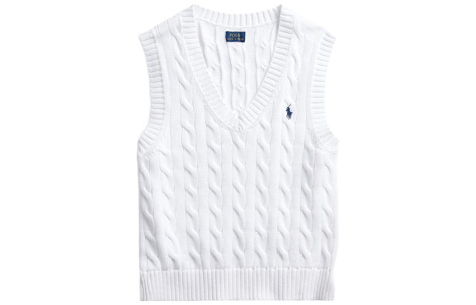 (Women) Polo Ralph Lauren SS22  White Cable Knit Sleeveless Sweater with Logo. WMPOSWENC020376