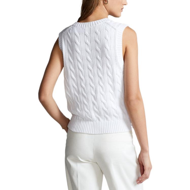 Shop (Women) Polo Ralph Lauren SS22  White Cable Knit Sleeveless Sweater with Logo. WMPOSWENC020376