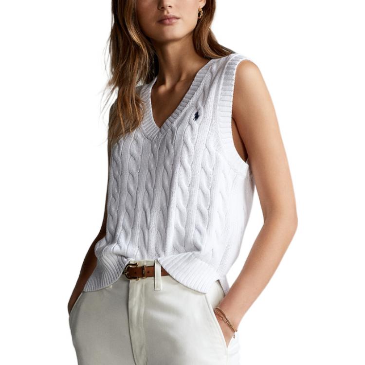 Purchase (Women) Polo Ralph Lauren SS22  White Cable Knit Sleeveless Sweater with Logo. WMPOSWENC020376