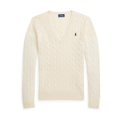 (Women) Polo Ralph Lauren SS22 White V-Neck Wool Knit Sweater with Logo Embroidery. WMPOSWENC020427-100