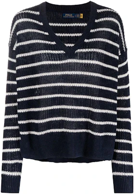 (W) Polo Ralph Lauren SS22 女款蓝色条纹V领针织衫毛衣。 211863615-001 Order (W) Polo Ralph Lauren SS22 女款蓝色条纹V领针织衫毛衣。 211863615-001