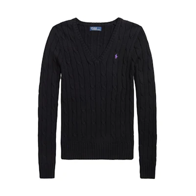 (Women) Polo Ralph Lauren SS23 Black V-Neck Knit Sweater with Embroidered Logo WMPOSWENC020652-001