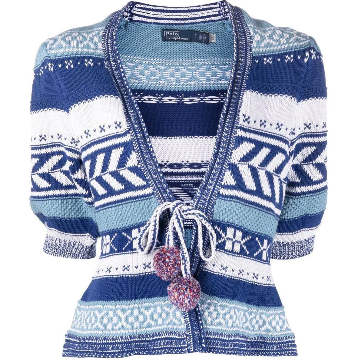 (Women) Polo Ralph Lauren SS23  Blue Patterned V-Neck Knit Short-Sleeve Sweater. 211891918-001