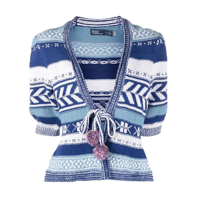 (Women) Polo Ralph Lauren SS23 Blue Patterned V-Neck Knit Short-Sleeve Sweater. 211891918-001